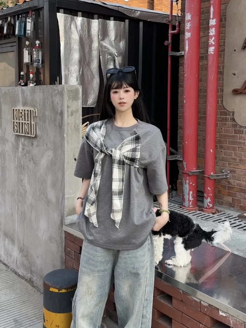 美式设计感立体格子蝴蝶结短袖男夏季潮牌百搭宽松情侣款纯棉上衣