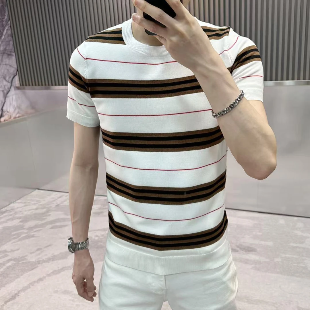 2025夏季新款时尚条纹修身轻奢帅气针织短袖T恤男薄款个性半袖