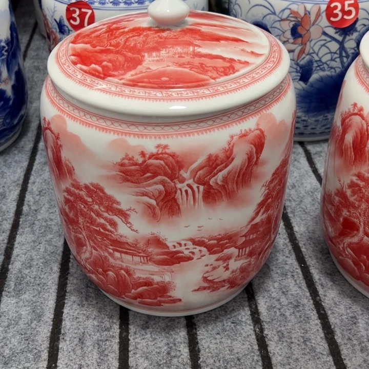 陶人民瓷厂釉里红东瓜罐高36口24肚子28