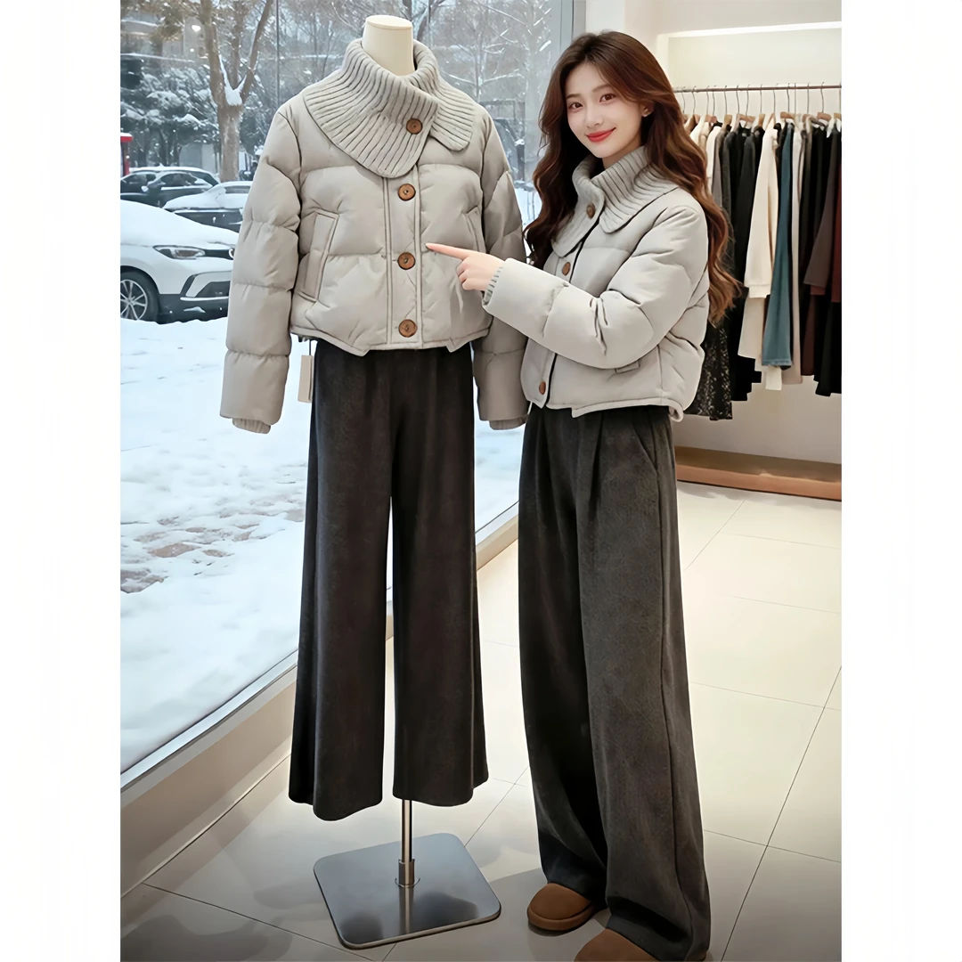 2025年冬季网红新款时尚百搭简约气质设计感针织领棉服加厚外套女