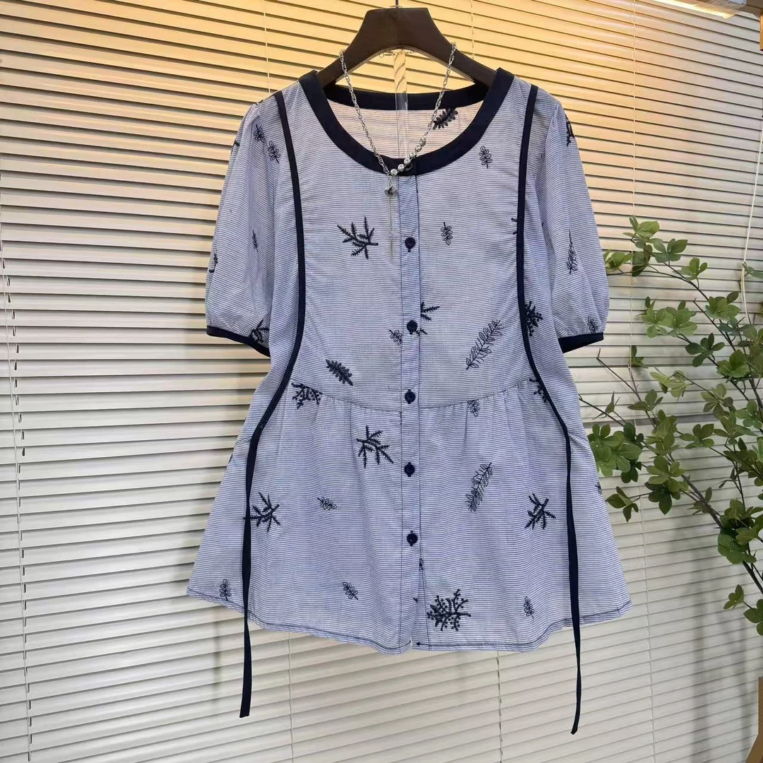 2025夏季独特超好看法式刺绣条纹泡泡袖短袖衬衫娃娃衫宽松上衣