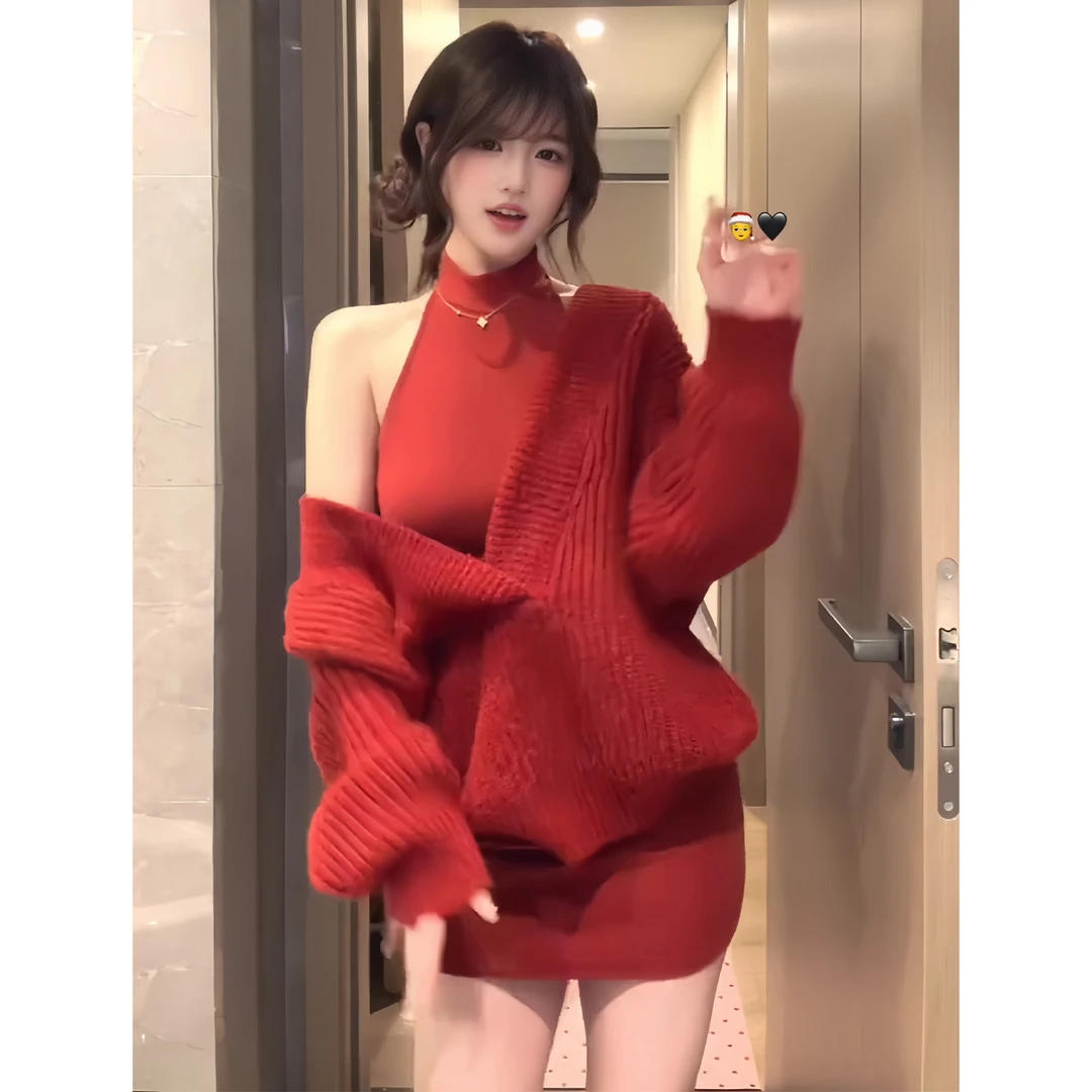 大码胖mm穿搭修身显瘦包臀裙秋冬季长袖v领套头毛衣背心裙两件套