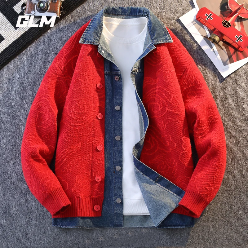 GLM假两件毛衣外套男冬季潮牌复古祥云提花牛仔拼接休闲保暖开衫