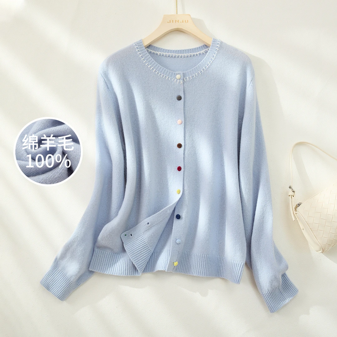 冬季新款100%绵羊毛彩扣装饰+精致缝线时尚小清新羊毛衫