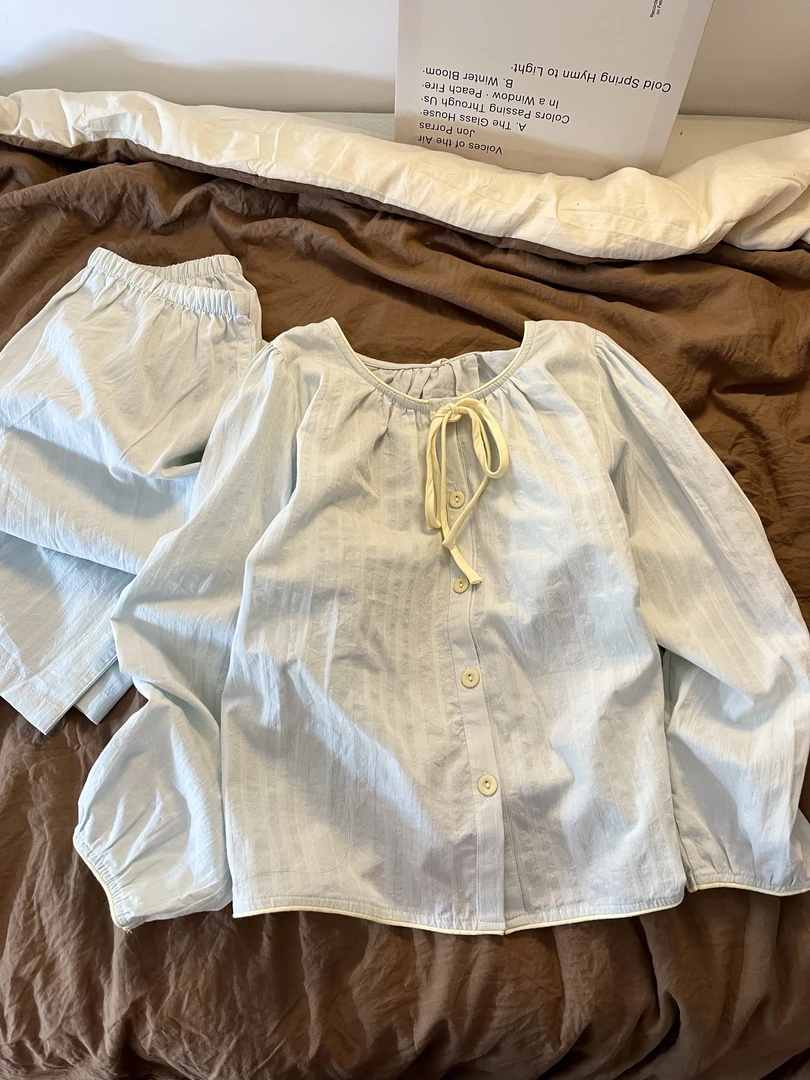 纯欲少女宽松纯色休闲绑带设计睡衣女早秋新款宽松遮肉家居服套装