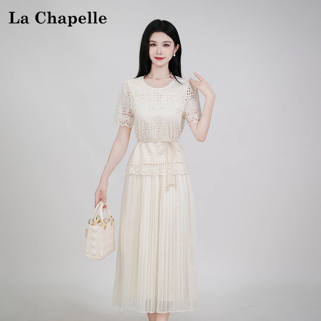 【拉夏贝尔】夏季法式设计感显瘦松紧腰真两件短袖连衣裙