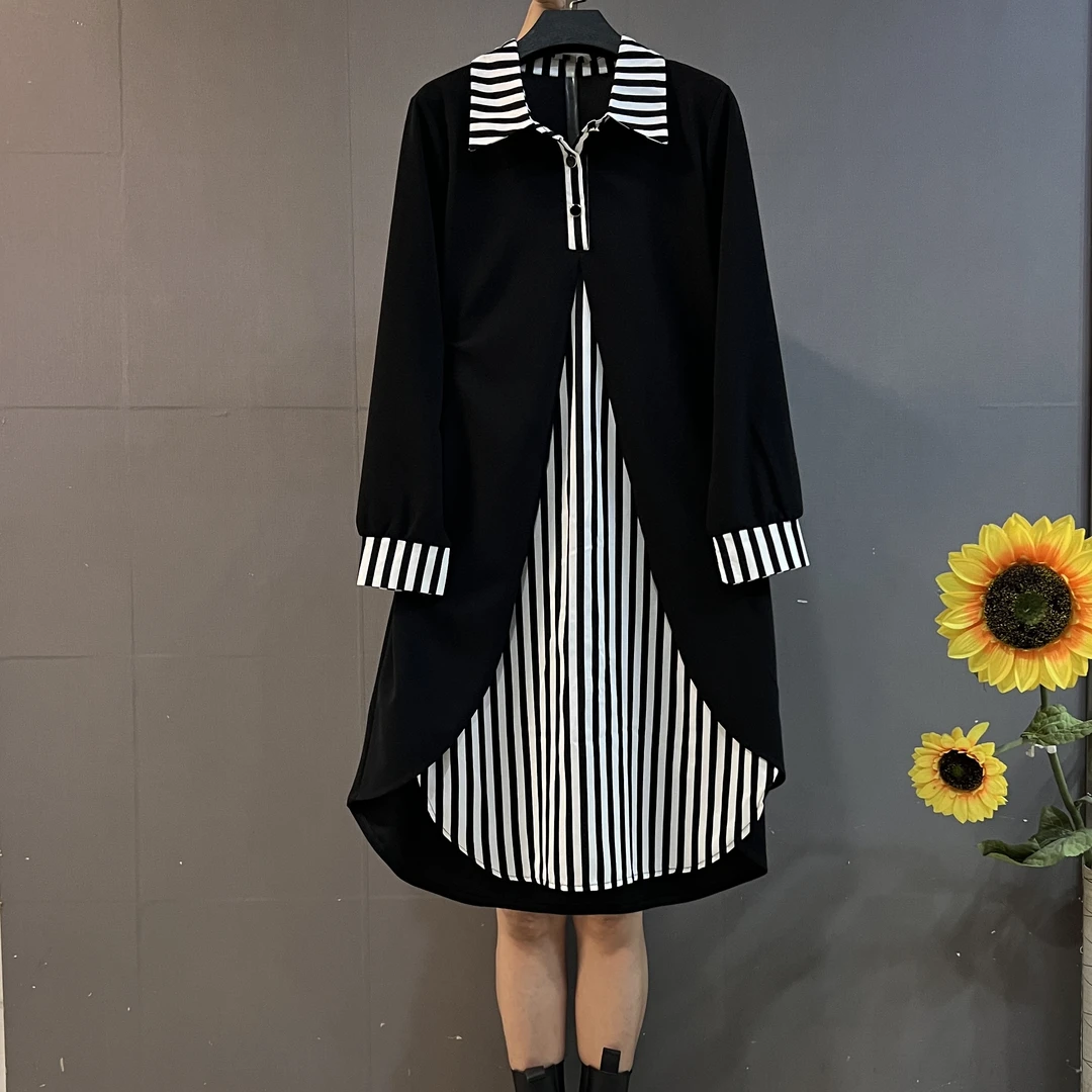 新款时尚气质衬衫领撞色拼接宽松遮肉显瘦中长款大码连衣裙