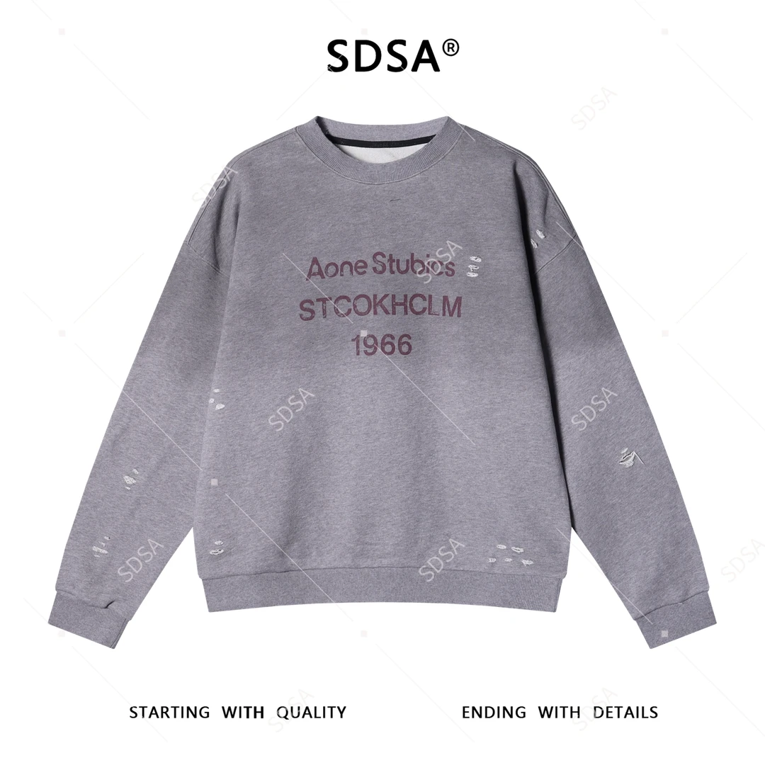 SDSA秋冬新款痞帅男装美式渐变破洞撞色印花字母圆领卫衣百搭宽松