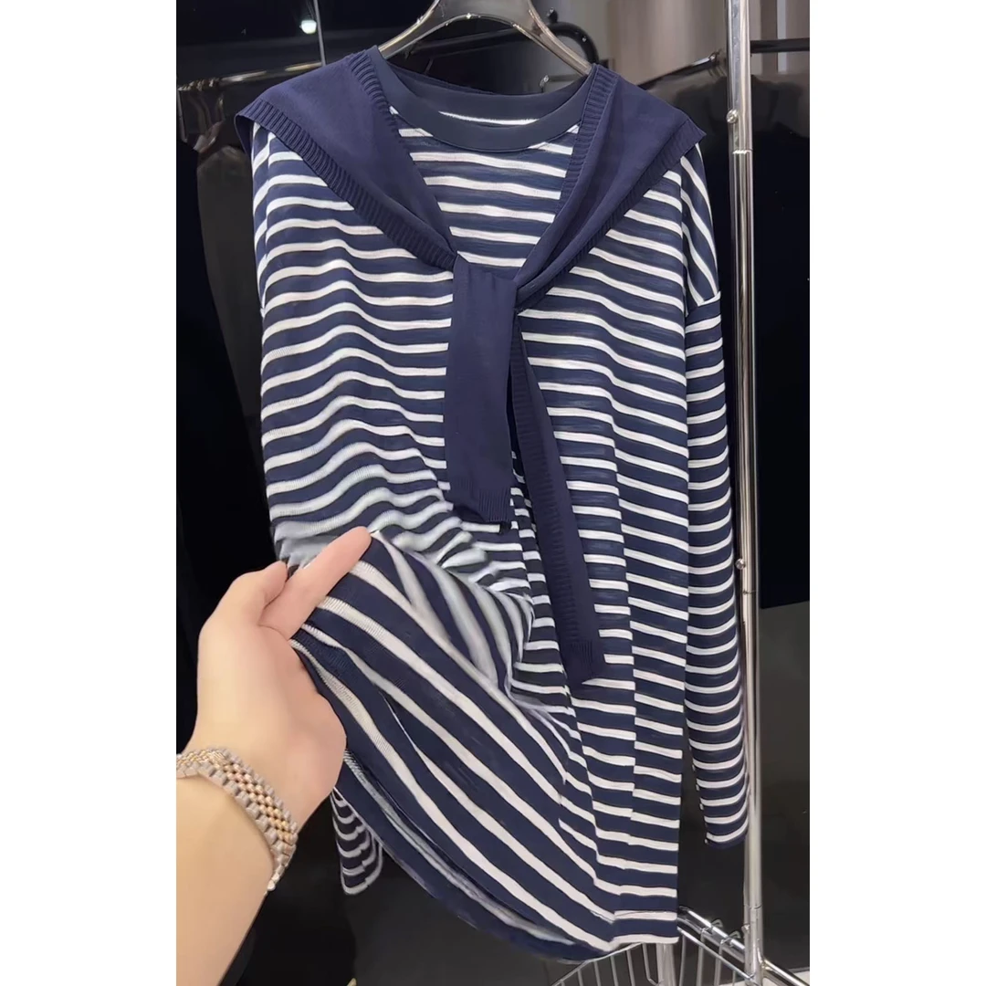 今年流行穿搭2025早秋新款条纹圆领宽松毛针织衫时尚披肩长袖上衣