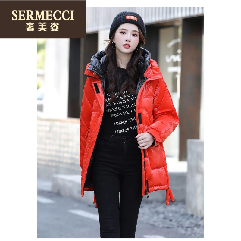 红色羽绒服女冬2025新款小个子加厚中长款亮面高级感爆款外套