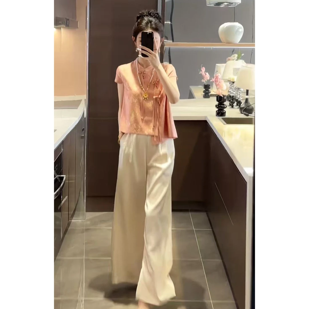 今年流行穿搭一整套2025新款刺绣盘扣抽绳设计上衣宽松阔腿裤套装