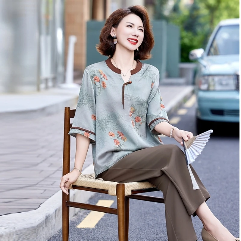 母亲节衣服妈妈夏装国风小衫t恤2025新款衬衫洋气中老年女装套装