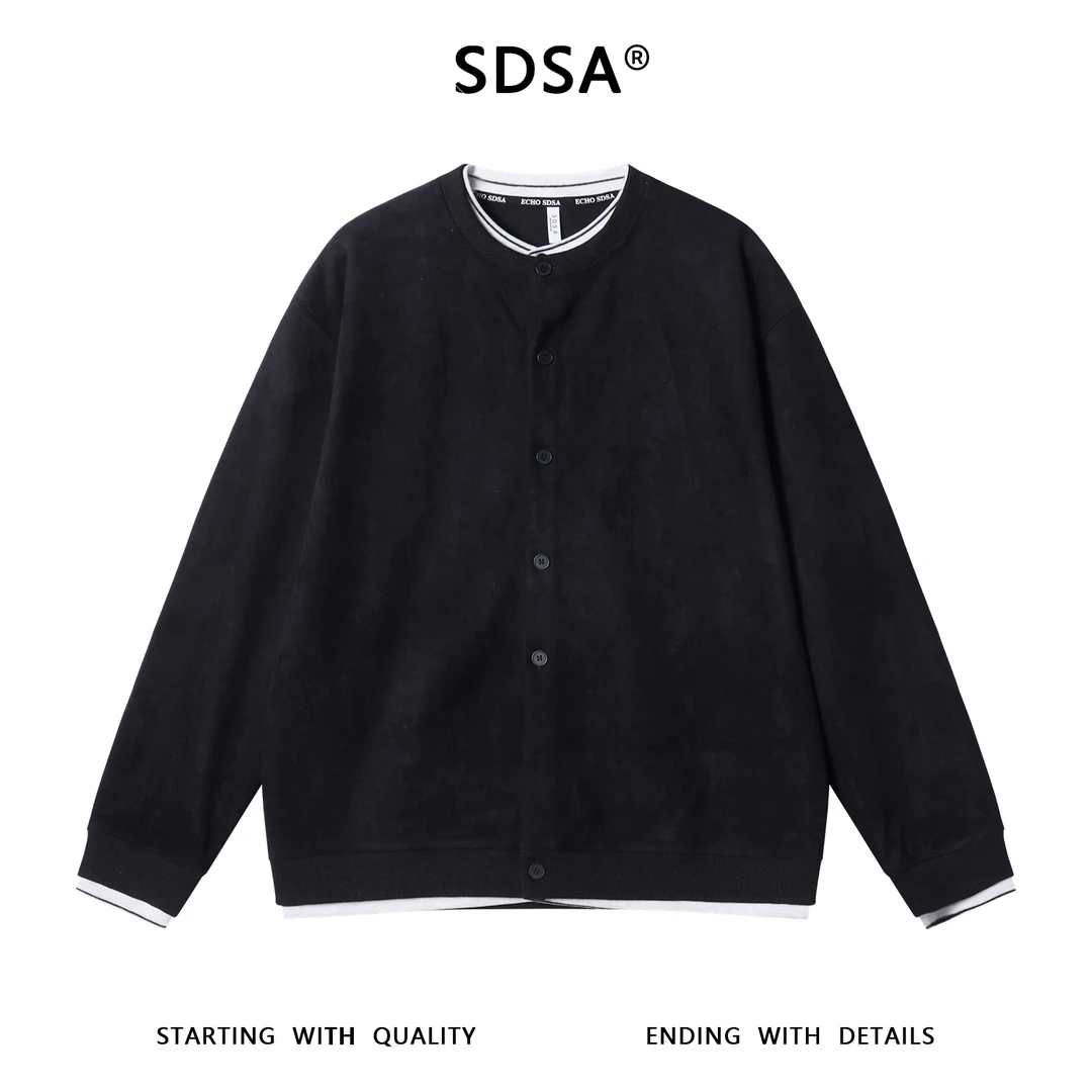 SDSA秋冬新款痞帅男装休闲简约拼接撞色纽扣开衫假两件针织衫毛衣