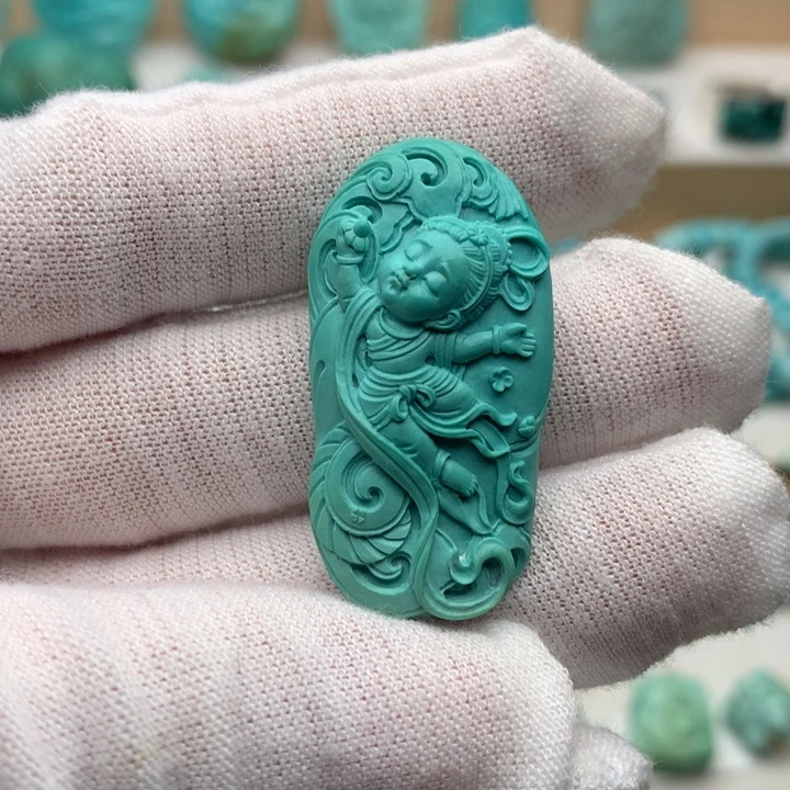 绿松石未镶嵌珠宝奇石高瓷绿飞天宝宝18.6*35.7mm