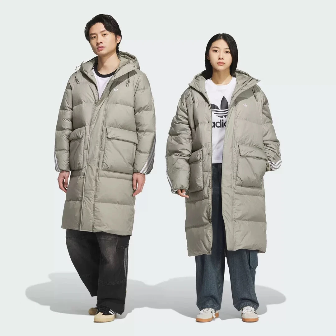 adidas/阿迪达斯三叶草保暖长款运动宽松鸭绒连帽羽绒服KF3698