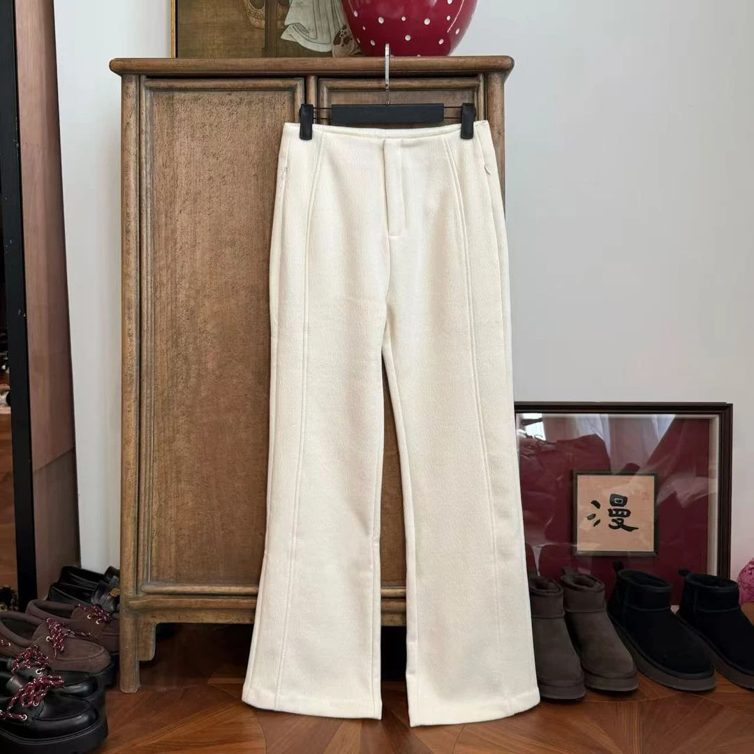 MYL 2024年秋冬新款丝毛混纺白色休闲裤微喇直筒隐形口袋休闲裤