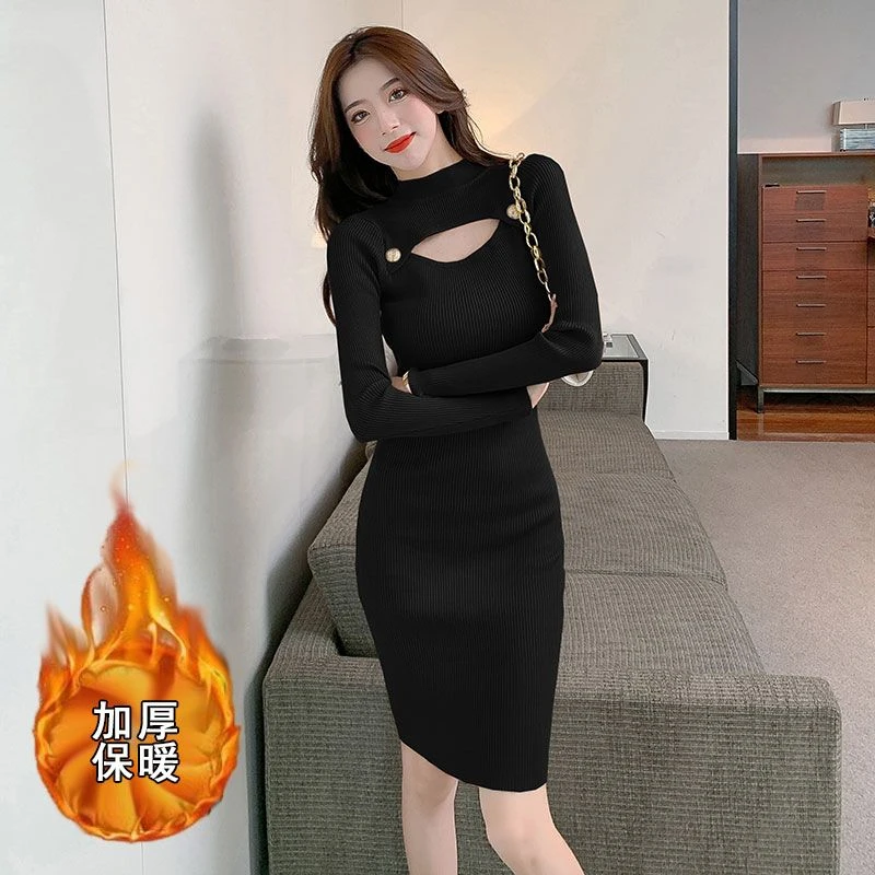 针织连衣裙女2025秋冬新款气质修身毛衣裙中长款内搭包臀打底裙子