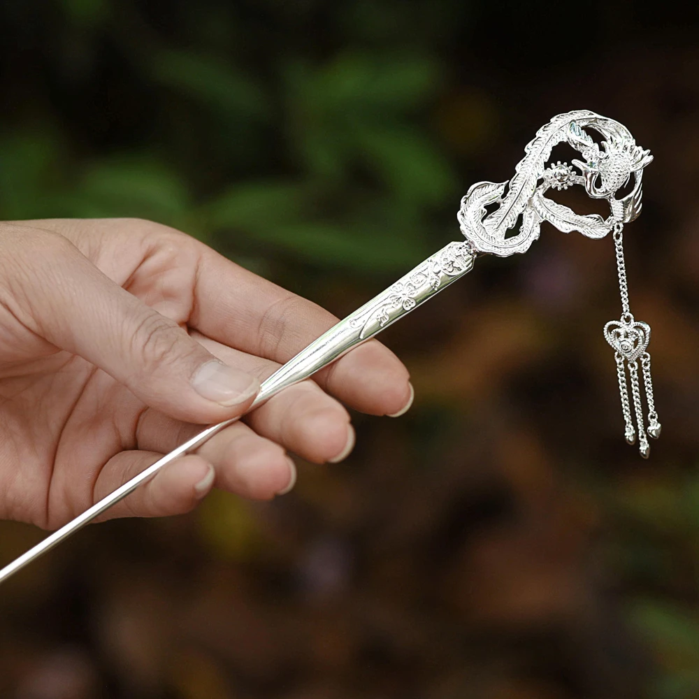 足银银制品 银发簪凤凰999足银簪子仙女发饰盘发古风布摇汉服配饰