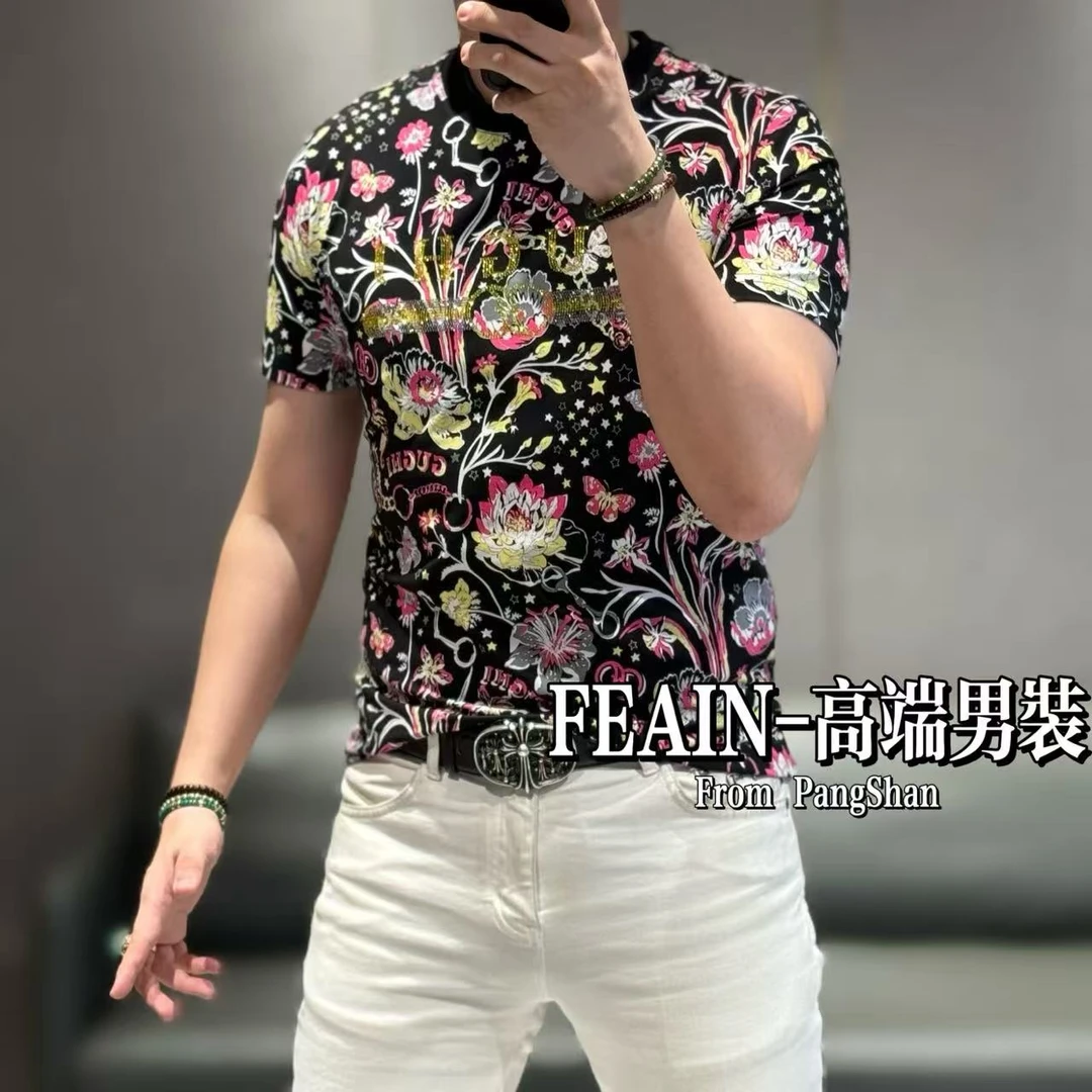 【雷迪·凯奇】高端男士满花数码印花奥钻点缀双丝光短袖T恤7706