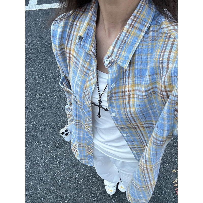 黄蓝格子衬衫男款夏季高级感物理防晒长袖衬衣cleanfit情侣外套