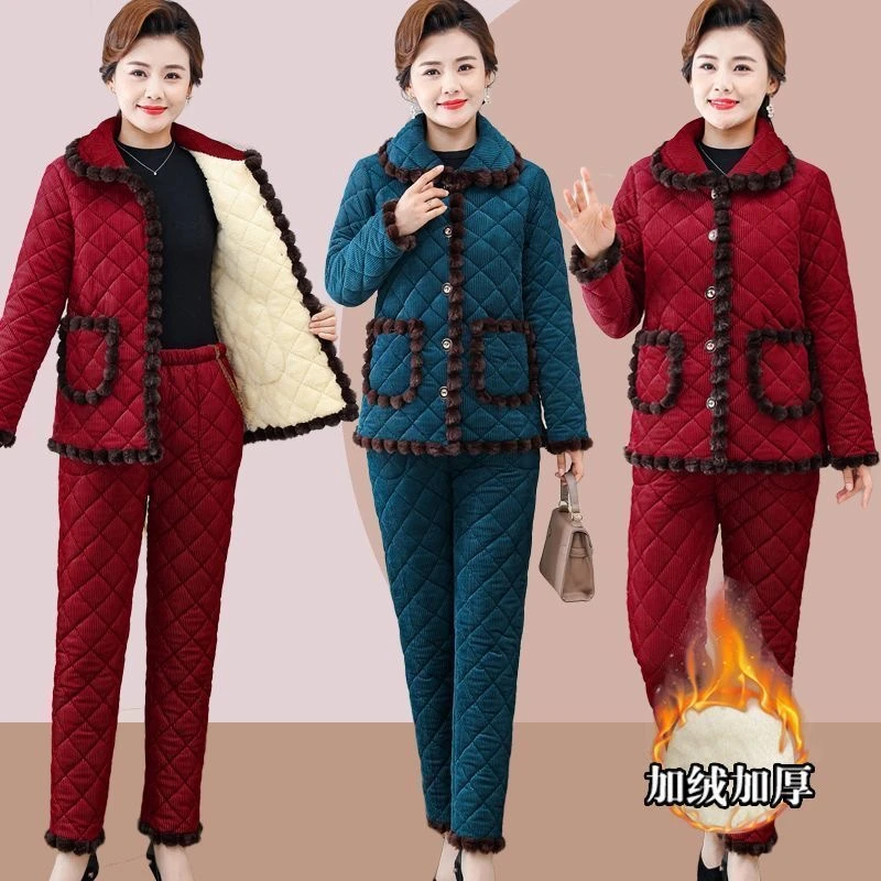 中老年妈妈装冬季棉服套装大码外穿保暖加绒加厚老年人棉衣两件套