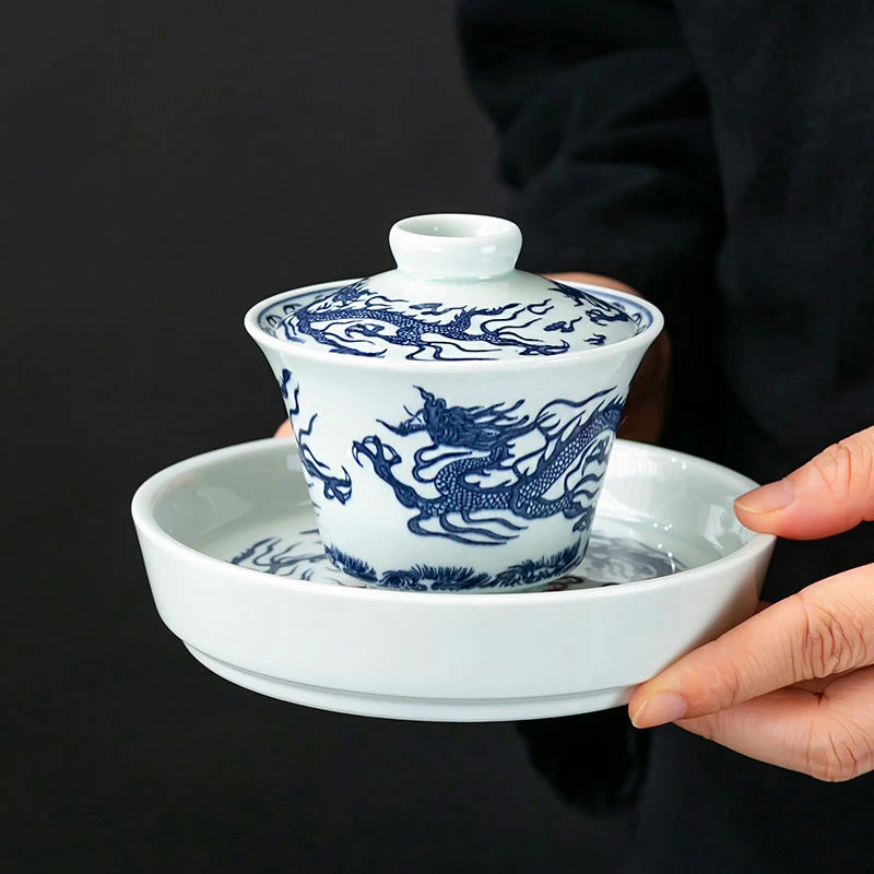 龙年龙款大容量三才青花双龙盖碗悬停旋转泡茶碗0260