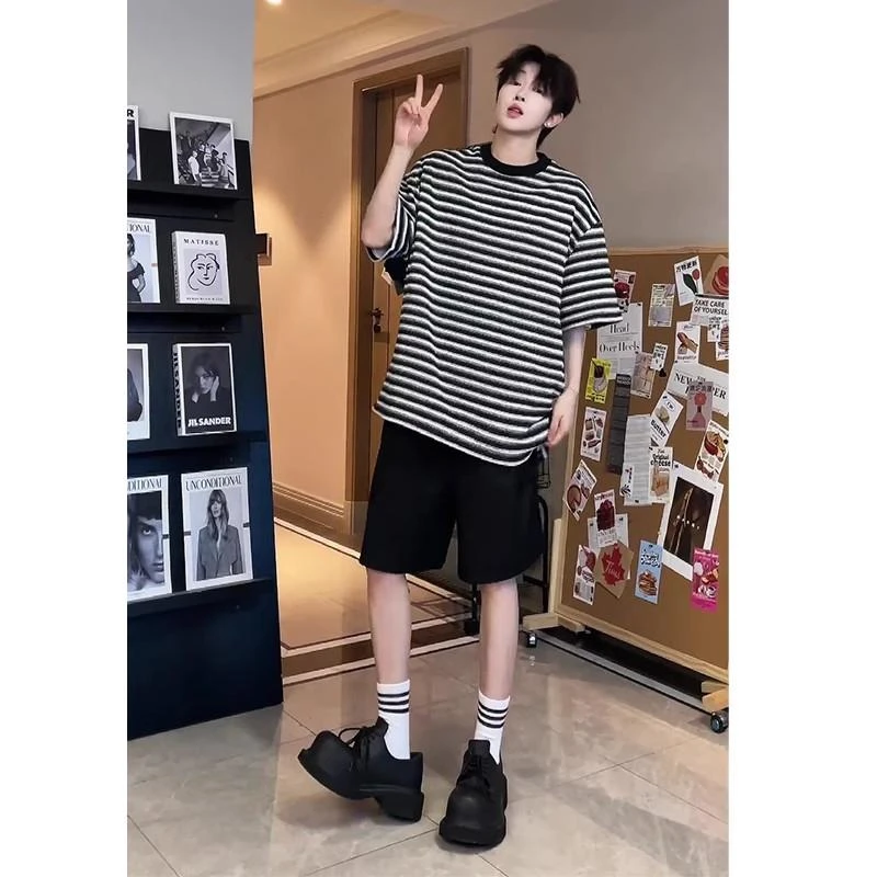 300g重磅黑白条纹短袖t恤男夏季宽松高克重日系慵懒风情侣装半袖