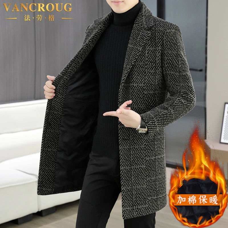 VANCROUG/法劳格毛呢大衣男士秋冬中长款韩版加厚保暖西装领外套