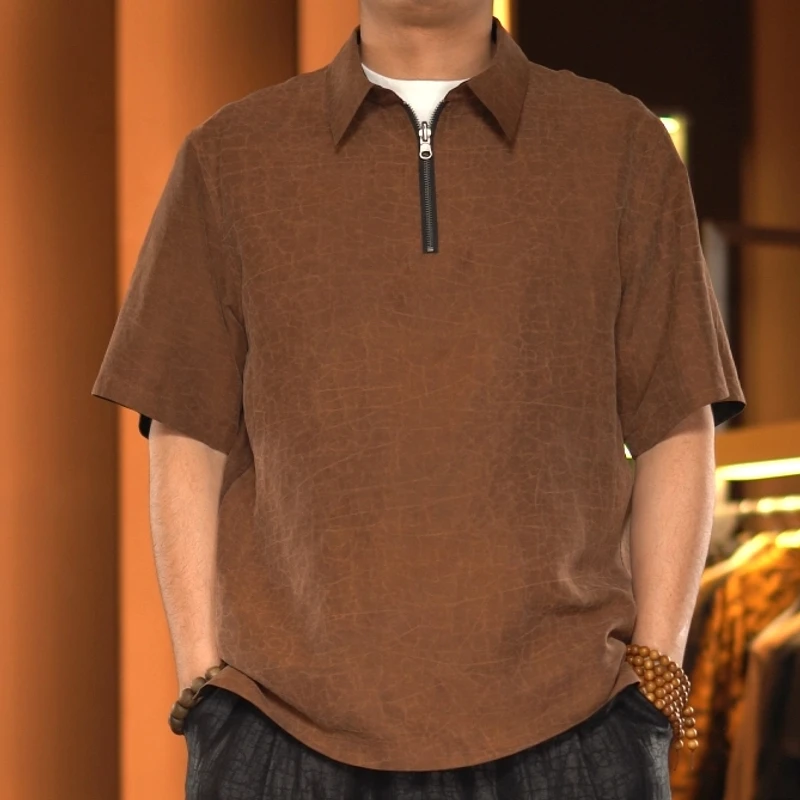 正反两穿香云纱原龟桑蚕丝上衣短袖时尚休闲夏季POLO衫男T恤