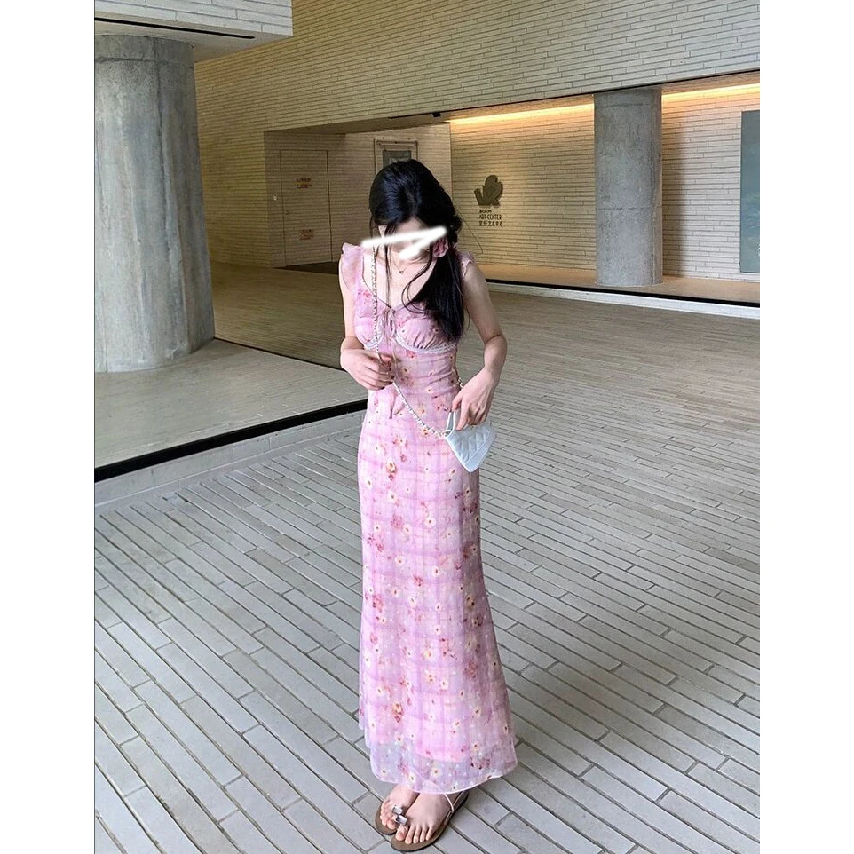 「海边度假」V领碎花吊带连衣裙夏季气质绝美法式修身复古长裙子女