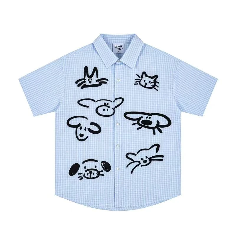 【柒柒子专属】日系猫咪短袖刺绣格子衬衫女夏装慵懒百搭情侣短袖