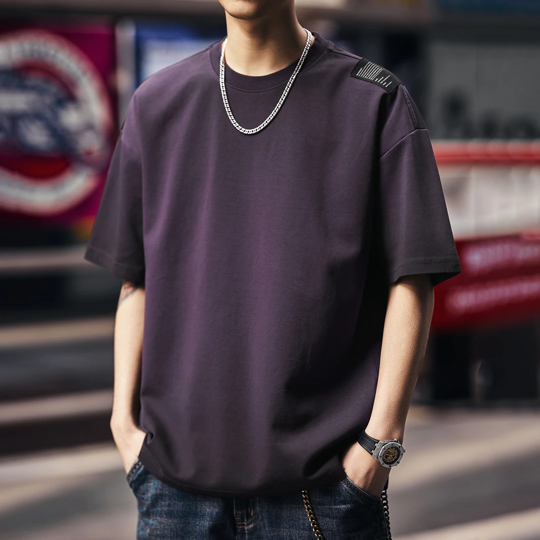 格蓝鹿高端夏季潮牌短袖t恤男宽松休闲大码多巴胺紫色圆领上衣男