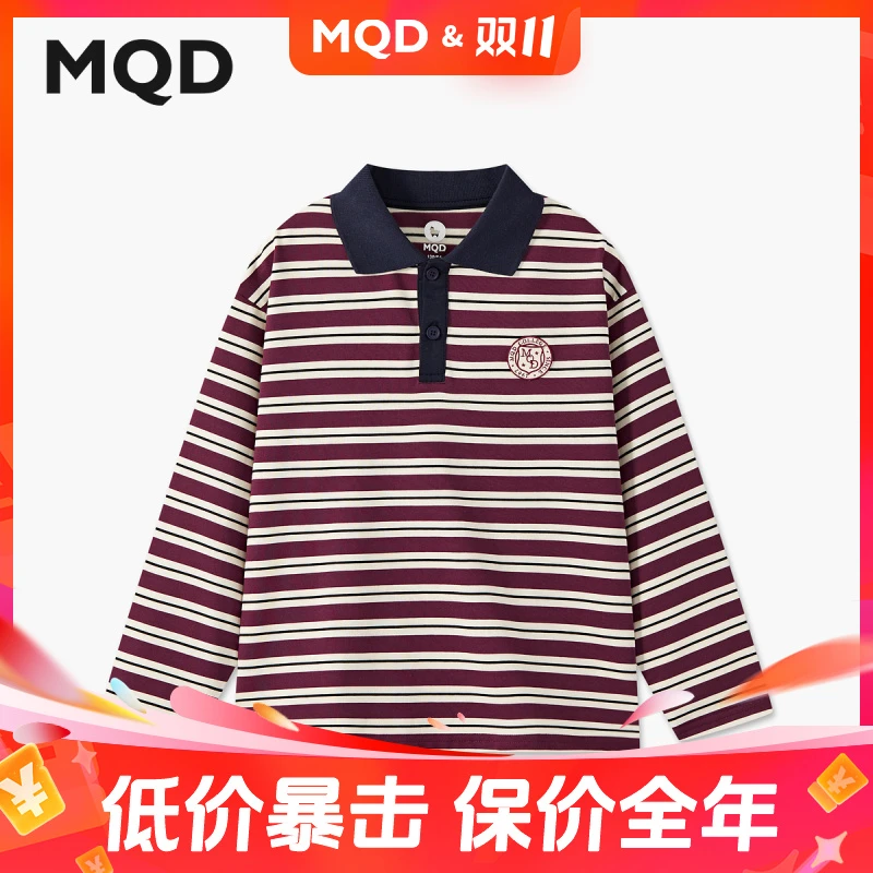 MQD男童25秋新款宽松学院风翻领长袖T恤条纹百搭POLO衫9653W0413