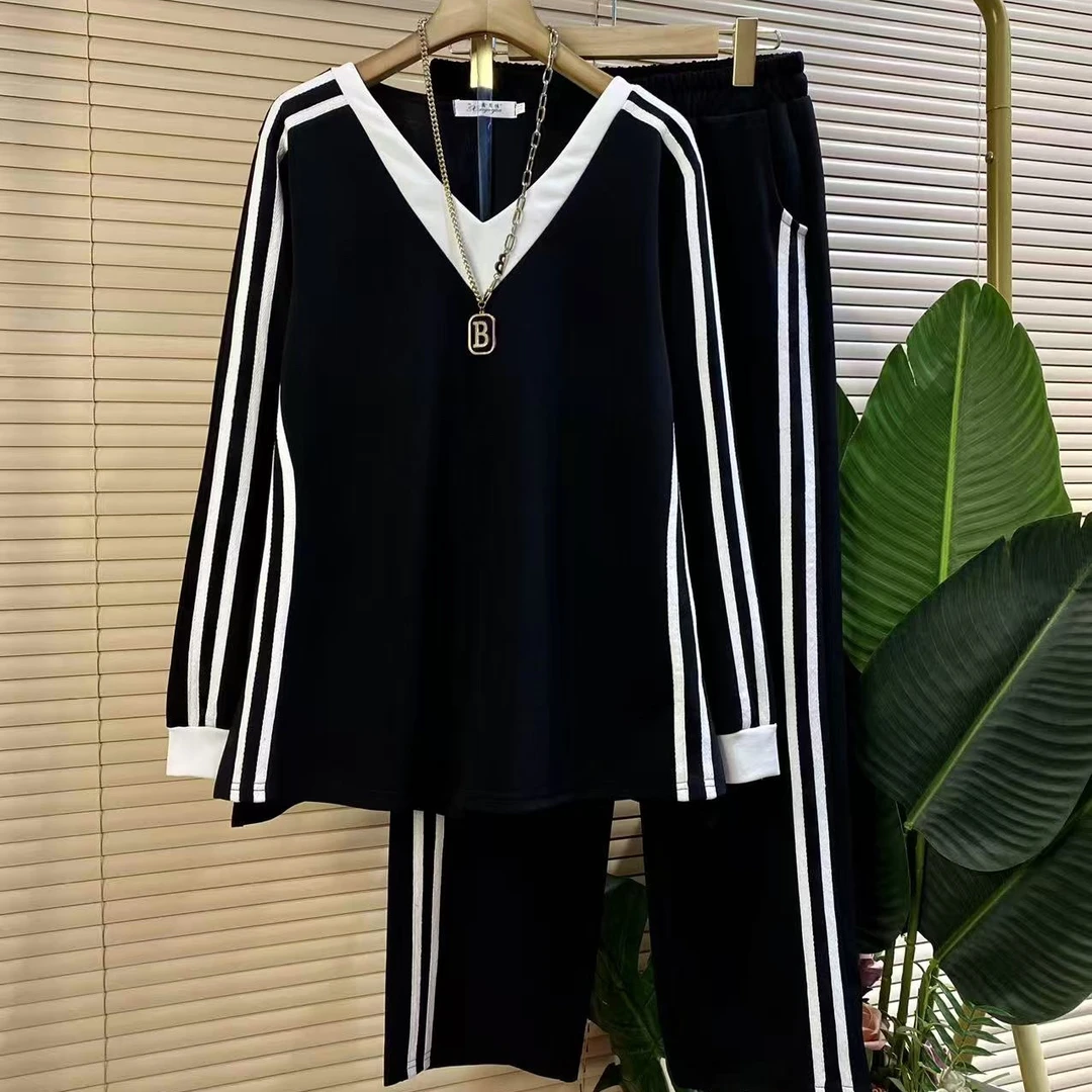 X胖mm欧货时尚新款撞色拼条设计款上衣裤子套装
