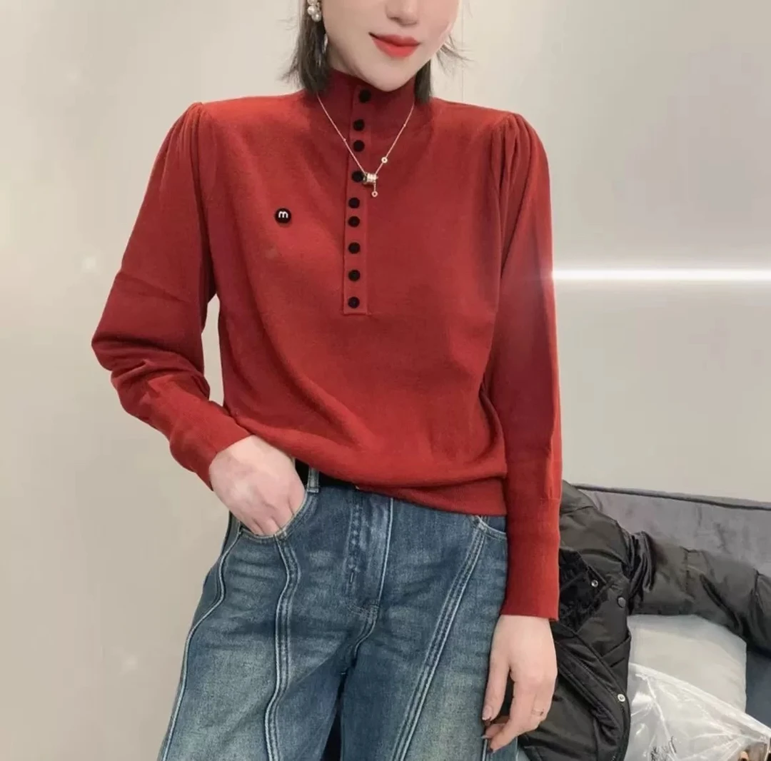 欧洲站2024冬季简约立领排扣套头小字母细羊毛针织衫女