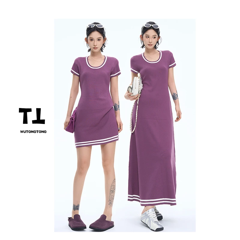 现货【窗透宝石】夏季针织连衣裙女显瘦简约百搭针织A字裙62402