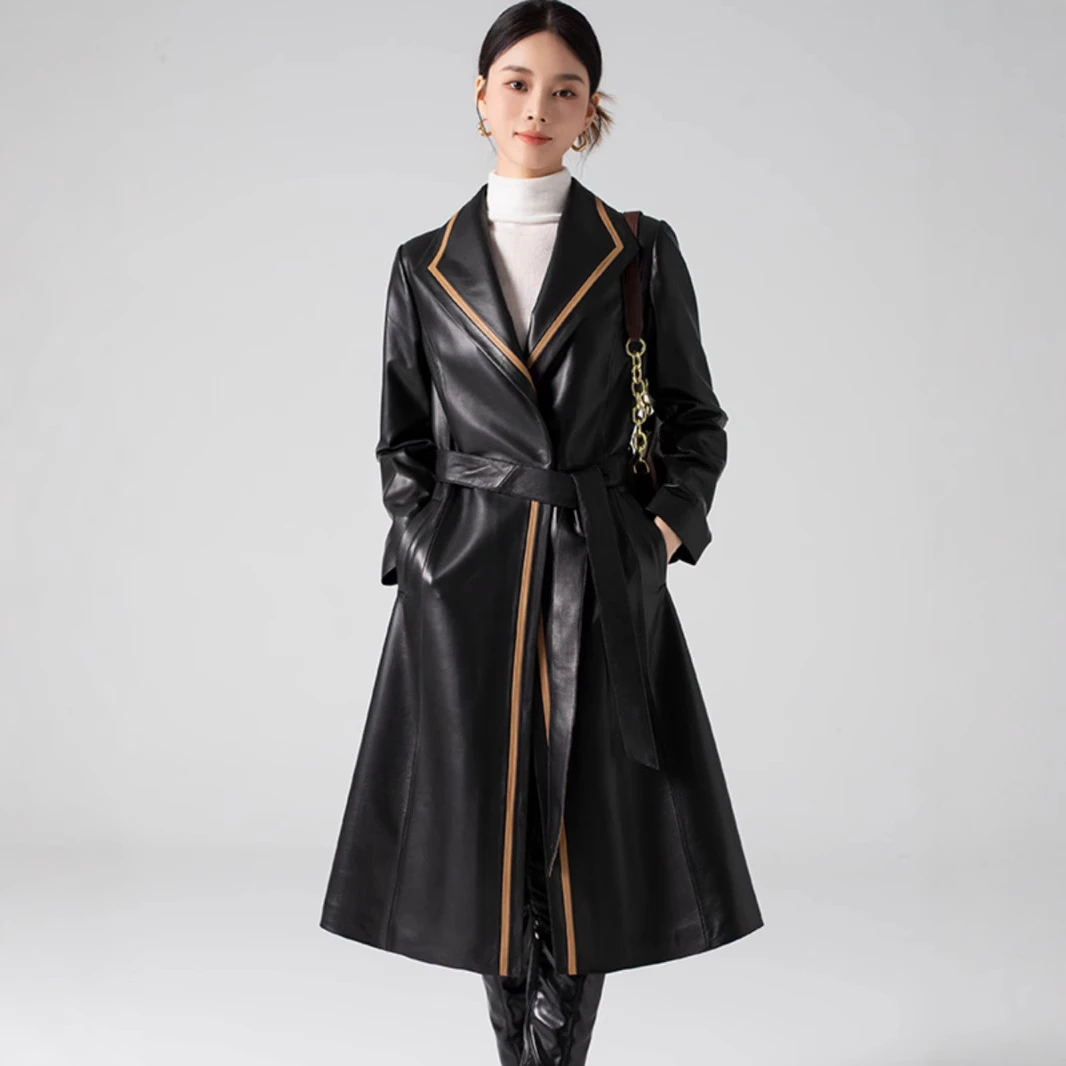 海宁真皮皮衣啄木女中长款西装领修身收腰显瘦洋气绵羊皮风衣外套