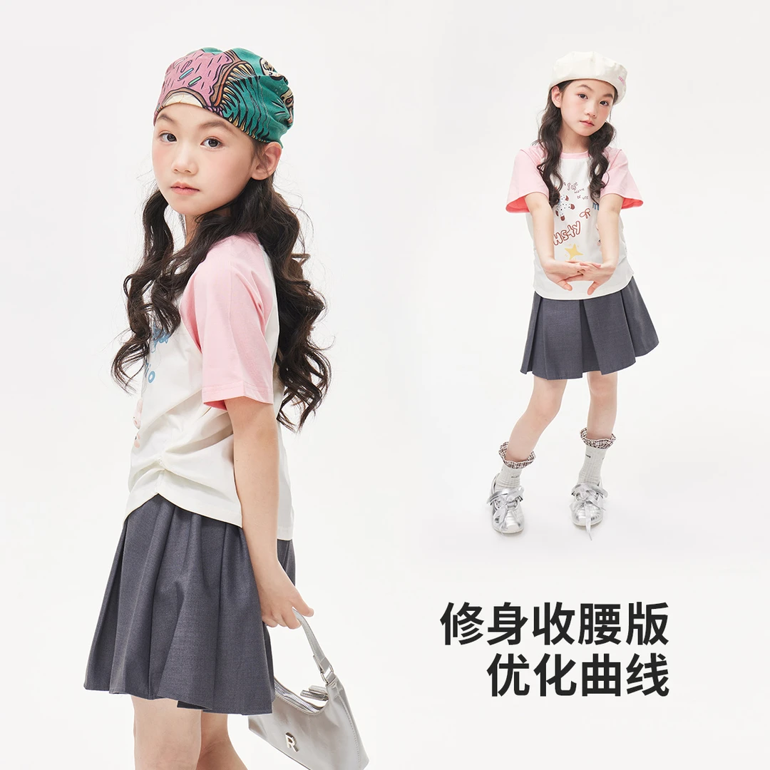 皇室童缘女童短袖夏季新款洋气圆领拼色上衣中大童17680235005