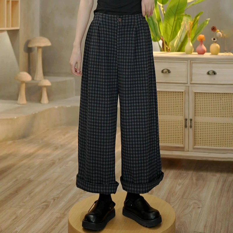 3818 冬季新款加厚复古格子裤松紧腰垂感宽松时尚百搭阔腿裤