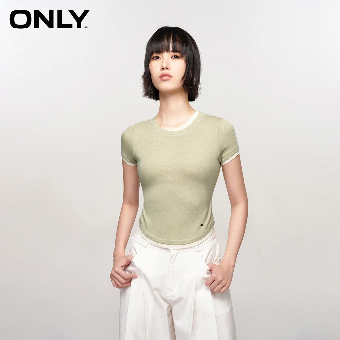 【金拐子专属】ONLY轻奢小众修身显瘦假两件短袖T恤女|124101086
