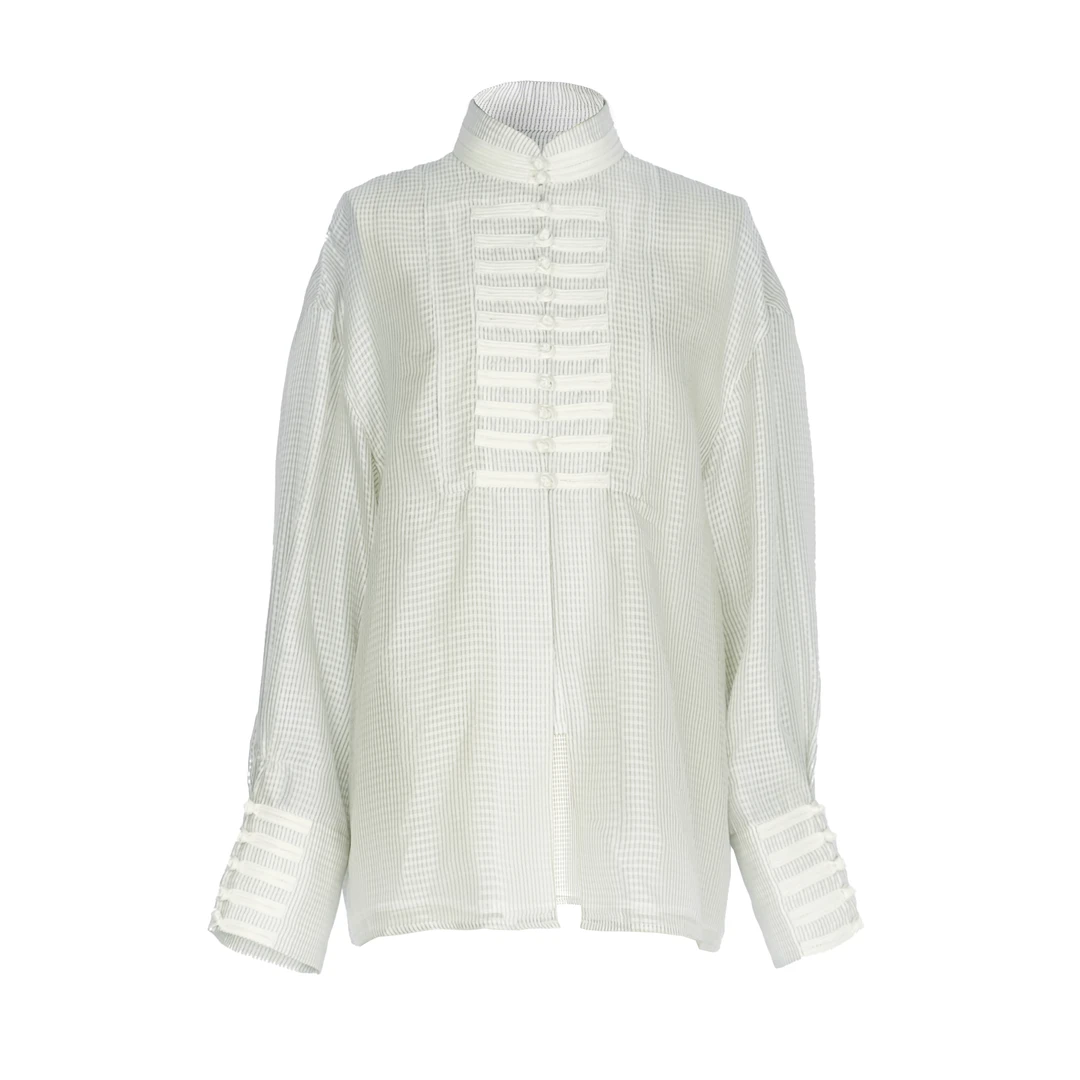 【折扣店专属】 JUNYANG杨君 中式立领盘扣格纹衬衫