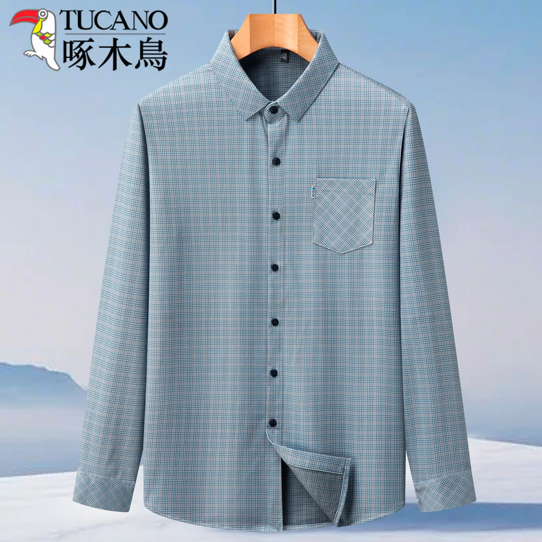 啄木鸟中年男士薄款格纹衬衫爸爸秋季商务休闲长袖衬衣中老年男装