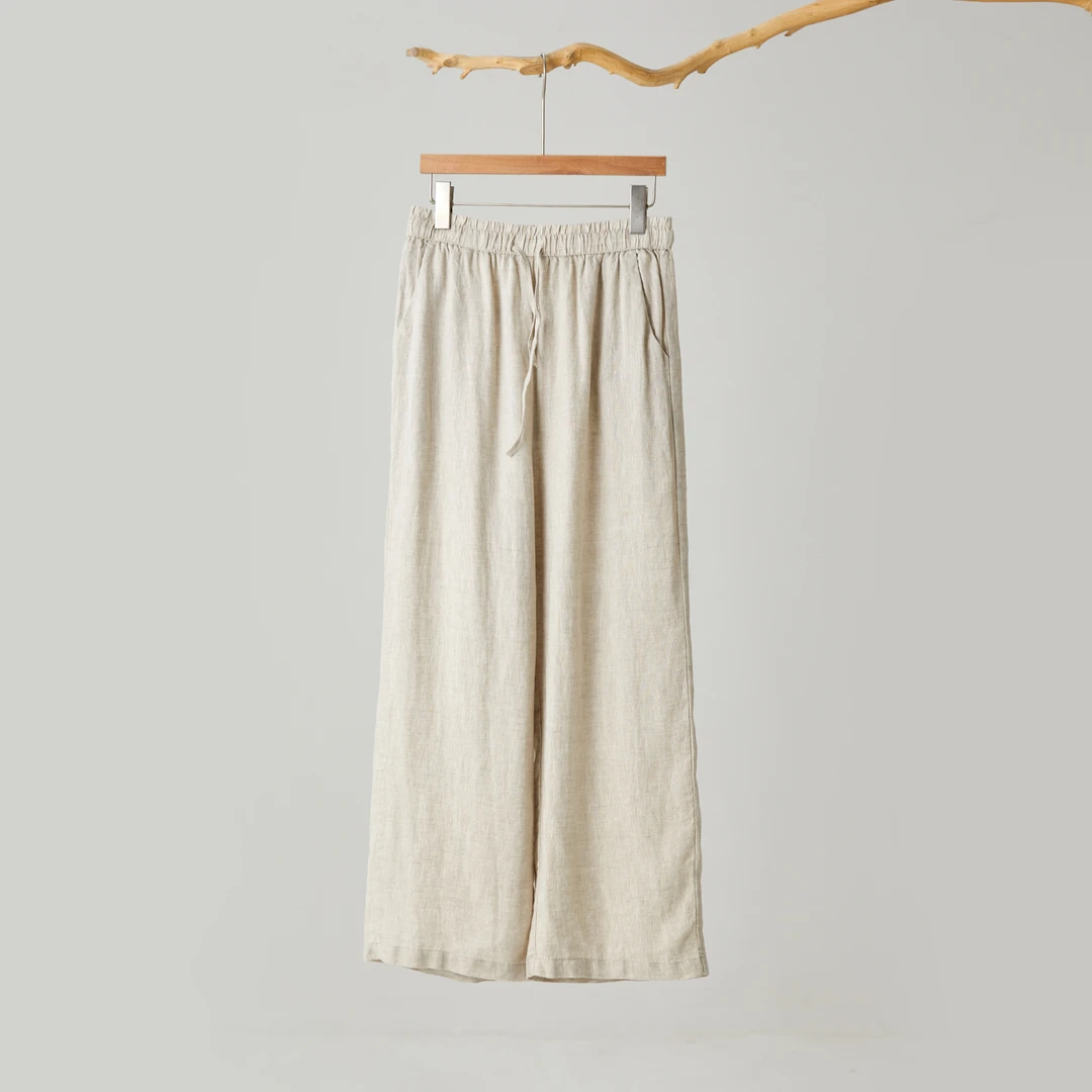 100%亚麻松紧腰麻本色阔腿裤女夏季简约百搭休闲抽绳老钱裤休闲裤