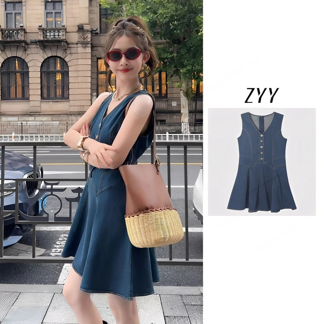 ZYY【海岸续歌】2025/S新品V领无袖收腰牛仔度假连衣裙X25XLYQ02277