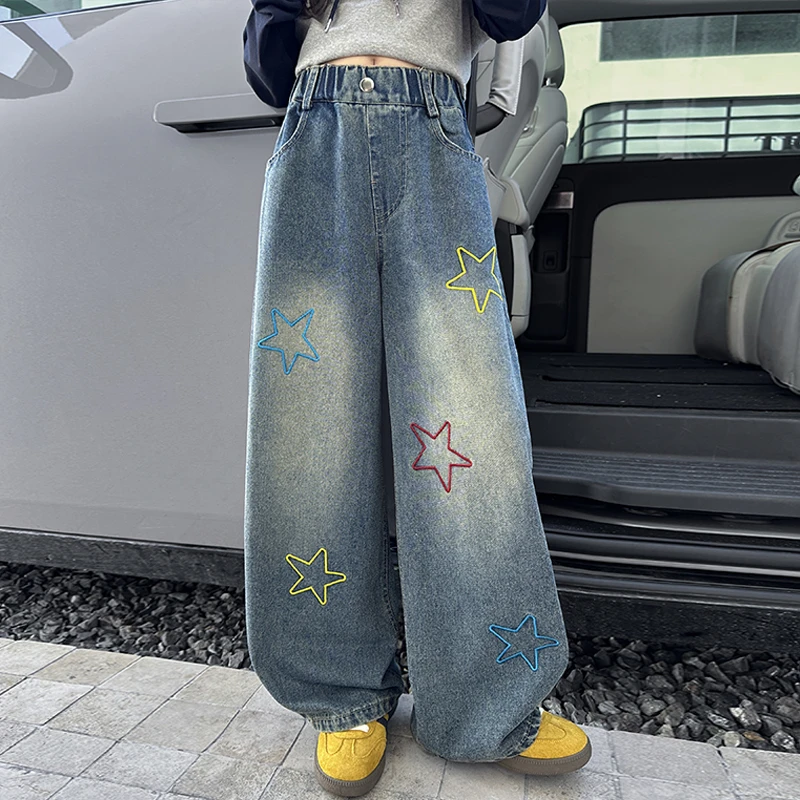 女童牛仔裤秋装新款女大童长裤休闲裤春秋洋气裤子女孩宽松弯刀裤