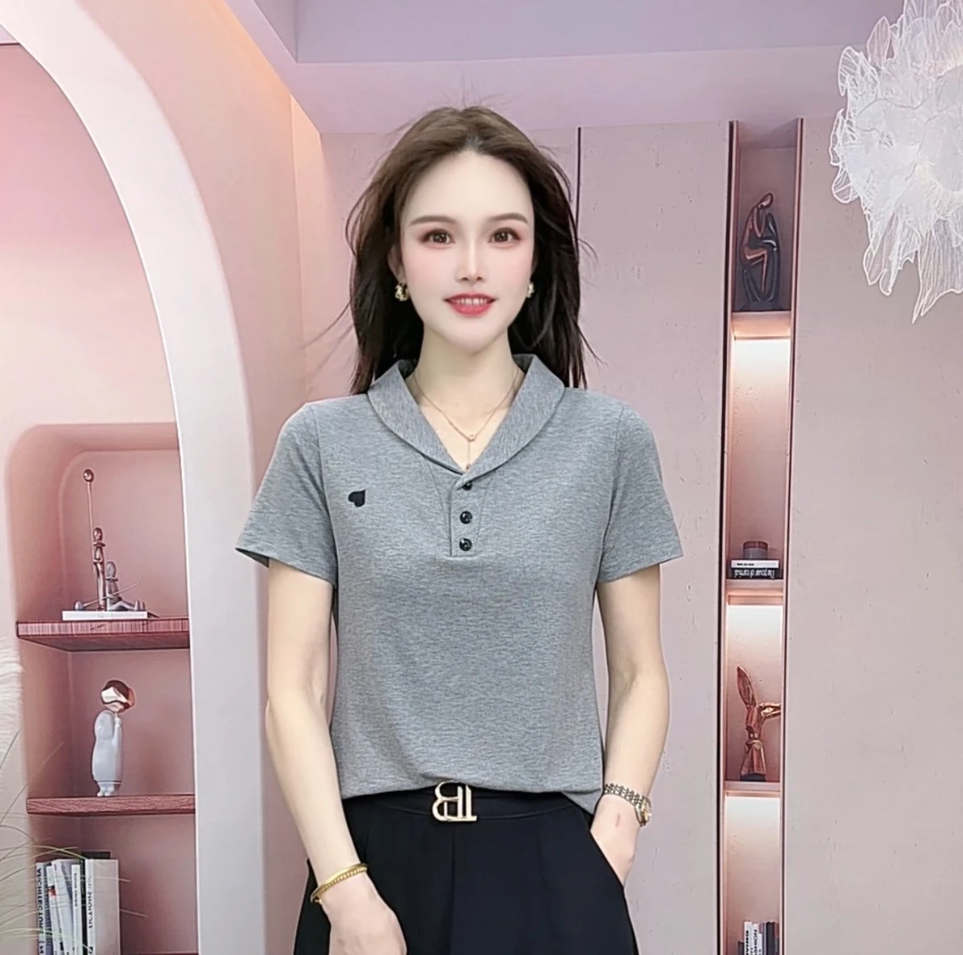 夏季新款女士短袖宽松型修身版海军领拼接T恤宽松翻领短款ol气质