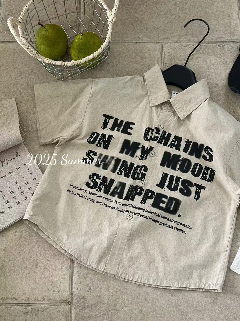 A2526【现货】韩版儿童酷酷字母短袖衬衫