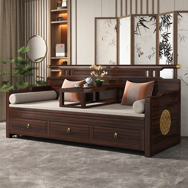 新中式乌金木精选实木罗汉床家用现代简约客厅可推拉带抽一体