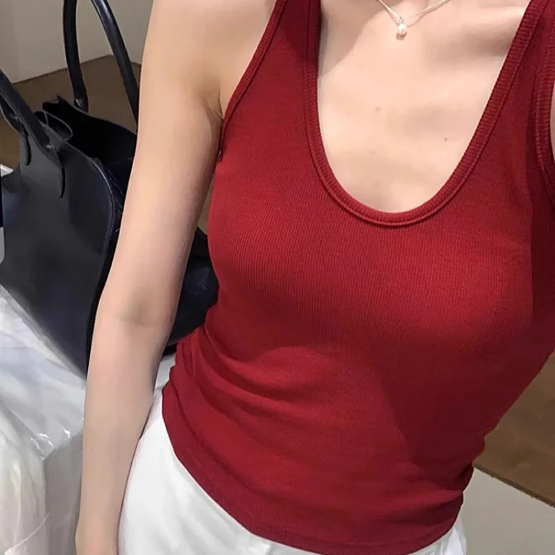 螺纹u领红色挂脖带胸垫吊带背心女夏外穿内搭遮副乳打底无袖上衣