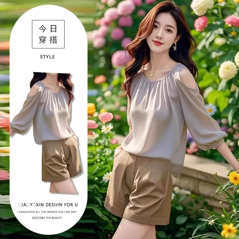 2025夏季时尚大气女装套装圆领宽松露肩设计上衣直筒高腰休闲裤子